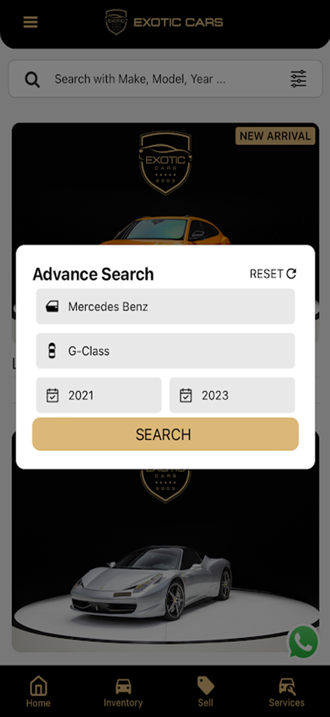 Exotic Cars Dubai - The advance search feature of the Exotic Cars Dubai app showing filters for car make and model.