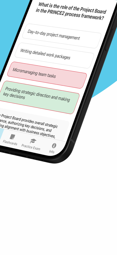 Prince2 Trainer Pro mobile interface showing a multiple choice question about the Project Board role
