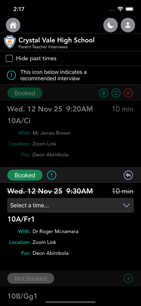Booked (Previously PTO) - List of scheduled parent-teacher interview times in the Booked app interface