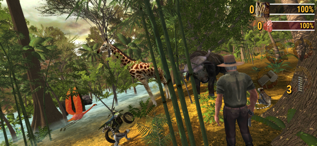 Safari: Evolution-U - A third-person view of a character in a jungle surrounded by a giraffe, buffalo, flamingo, and lemurs in the Safari Evolution-U mobile game.