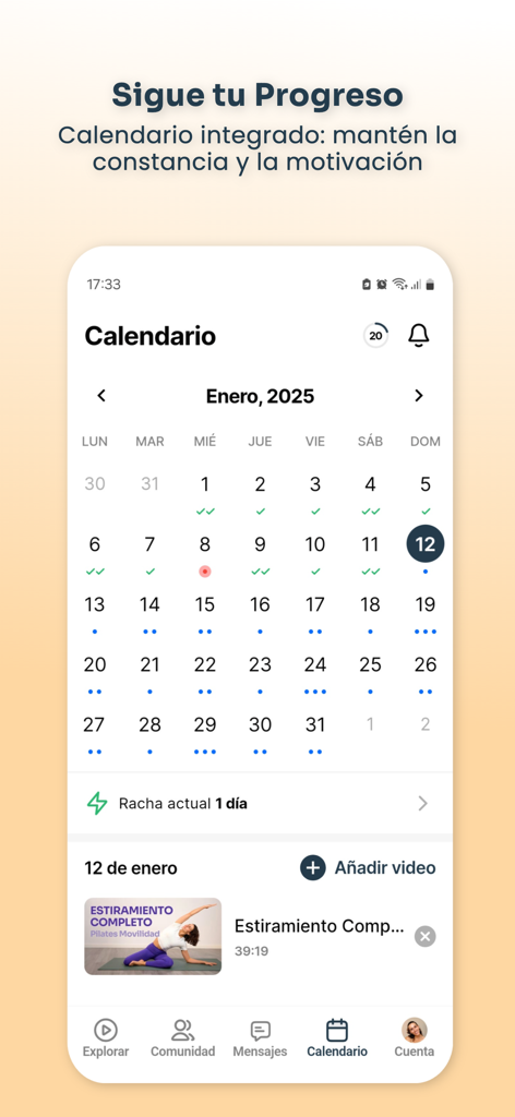 Plenamente mobile app screen showing the integrated fitness calendar for tracking yoga and pilates progress