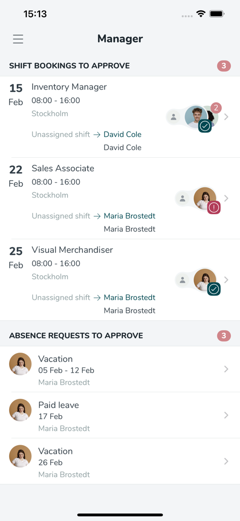 Mobile dashboard for managers to approve employee shift bookings and absence requests