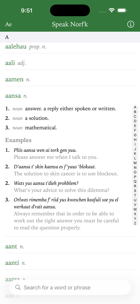 A dictionary entry for the Norfk word aansa showing definitions and usage examples with English translations.