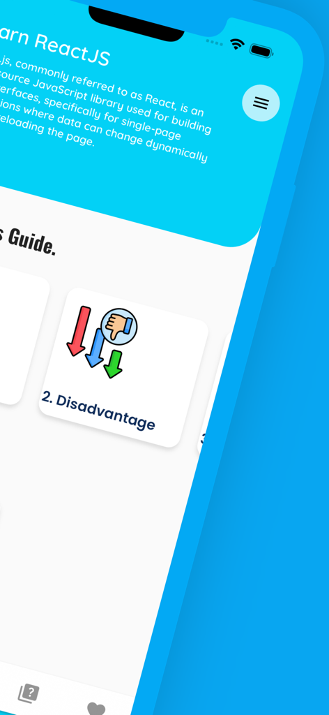 Ein Screenshot des App-Guide-Abschnitts von ReactJS Programming, der die Nachteile von ReactJS zeigt.