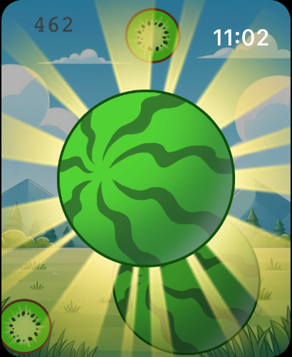 Merge Watermelon for watch - Gameplay of Merge Watermelon for watch showing a large merged watermelon and a score counter