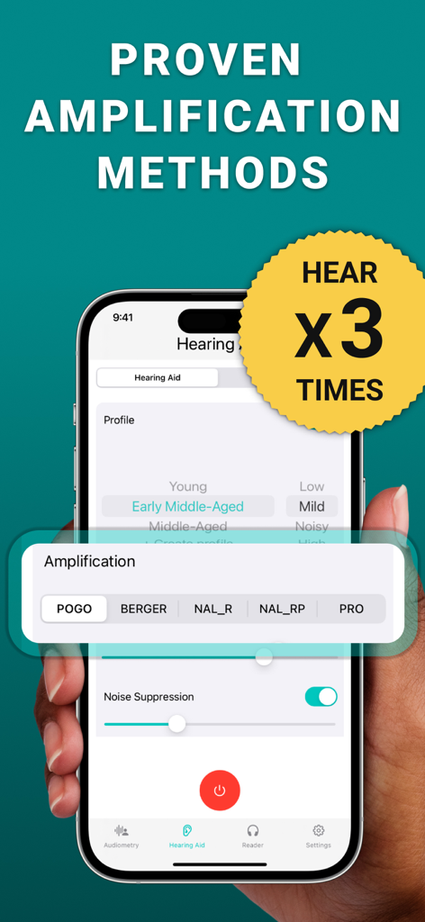 Tela do iPhone exibindo o aplicativo Hear Boost com métodos de amplificação de som e configurações de supressão de ruído.