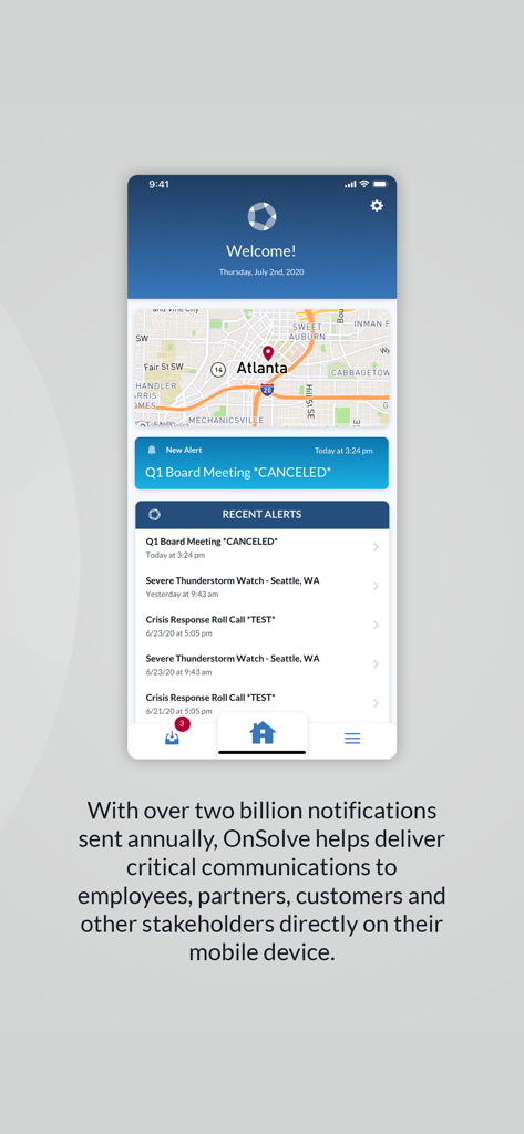 OnSolve mobile app dashboard showing critical alerts and location-based notifications on a smartphone.