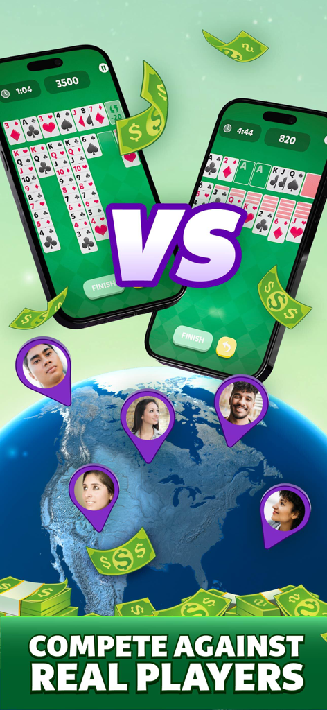 Solitaire - Win Cash - Interface de jogo mobile mostrando uma partida de Solitaire entre jogadores reais em um mapa dos Estados Unidos com símbolos de prêmios em dinheiro.