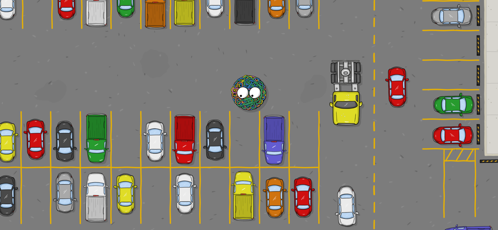 Tasty Planet: Final Bite - The Paperclip Maximizer creature moving through a parking lot full of colorful cars and trucks in Tasty Planet Final Bite.