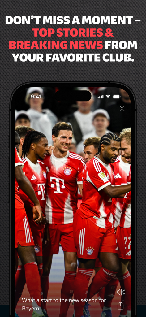 Bayern Munich players celebrating in the official Bundesliga app news section