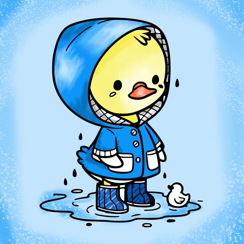 baby duck in a rain coat and boots, in a puddle while it’s raining