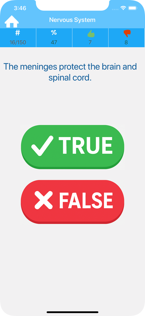True False : Anatomy Trivia - Una pregunta de cuestionario de verdadero o falso sobre el sistema nervioso en la aplicación Anatomy Trivia que muestra botones verdes de verdadero y rojos de falso.
