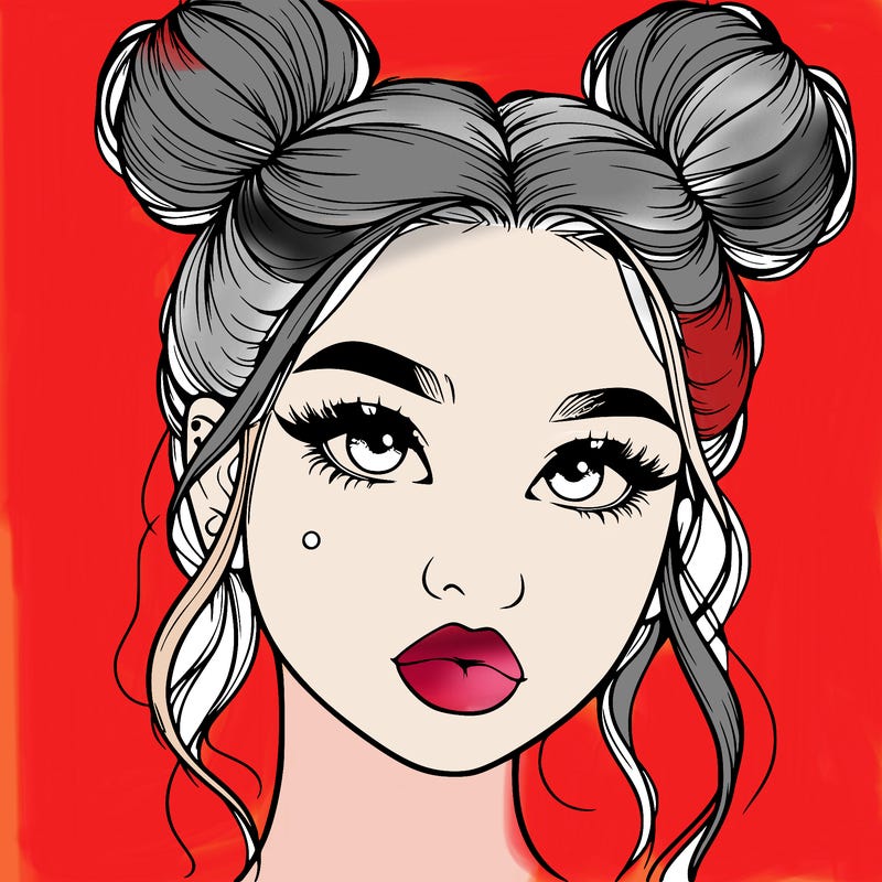 realistic girl with two buns on her hair and lips