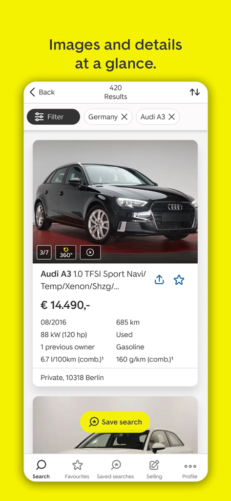 Interfaz de la aplicación AutoScout24 mostrando resultados de búsqueda de un Audi A3 en Alemania