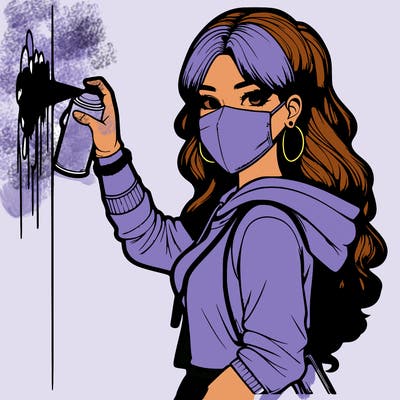 realistic girl with mask spray painting a wall