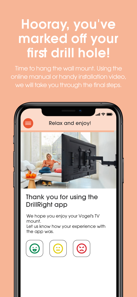 DrillRight - DrillRight app screen showing successful TV mounting completion and feedback request