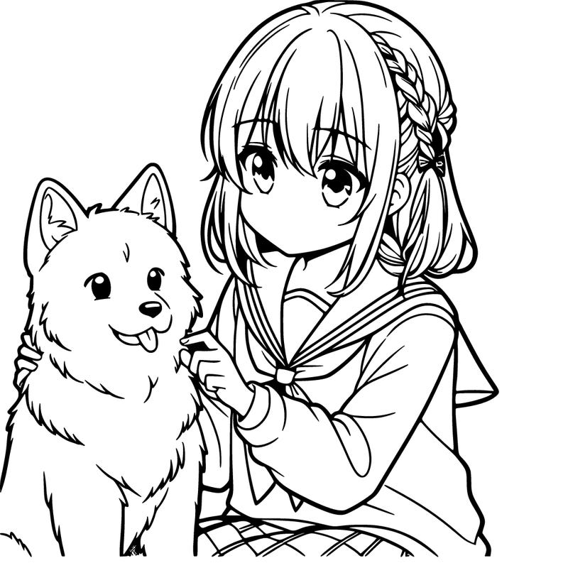 anime girl petting her dog