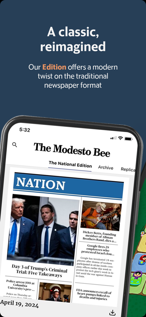 Smartphone screen displaying the digital edition of The Modesto Bee News app with national headlines