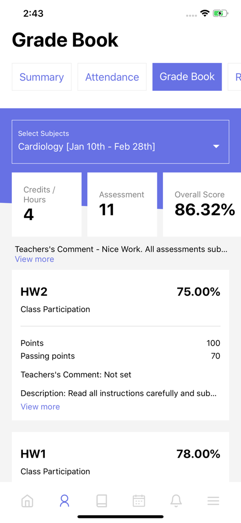 Registro voti dell'app Classe365 che visualizza i punteggi delle valutazioni degli studenti e il rendimento accademico complessivo