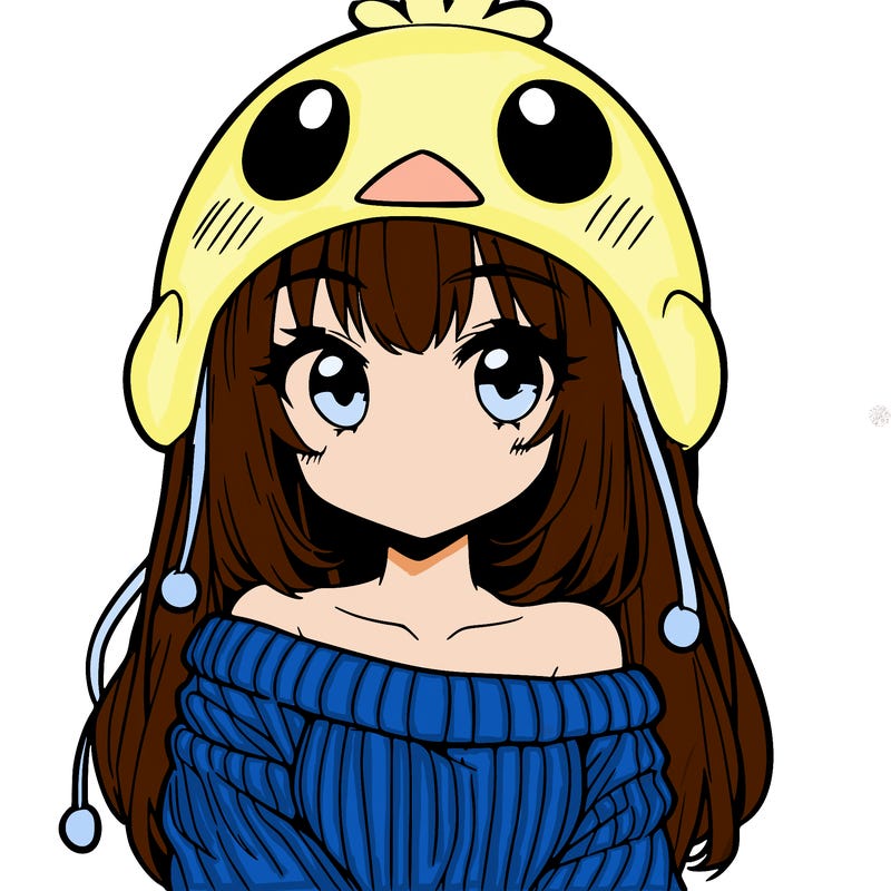anime girl with chick shaped hat with sweater with bare shoulders with bangs covering them one eye with low tail