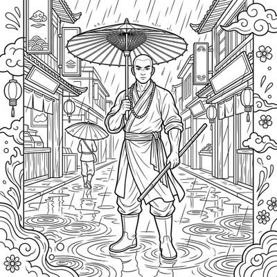 Embark on a meditative coloring journey with this unique depiction of a Shaolin Monk enduring a peaceful rainy day. Observe the intricate details of traditional robes, an elegant umbrella, and the reflective street as rain gently falls.