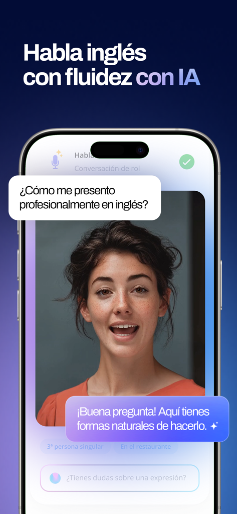 Master English - Interfaz de la aplicación Master English que muestra un avatar de IA ayudando a un usuario con presentaciones de inglés profesional