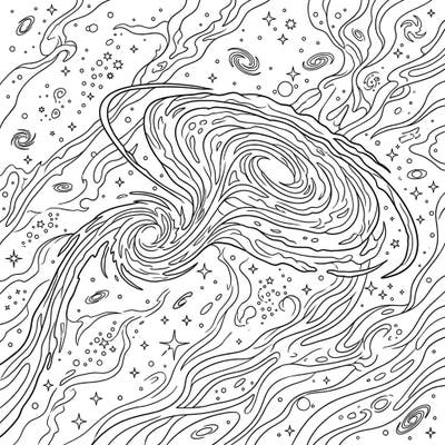Embark on an awe-inspiring journey through the cosmos with this intricate interacting galaxies coloring page. Witness the dramatic gravitational dance of celestial bodies, ready for your creative touch.