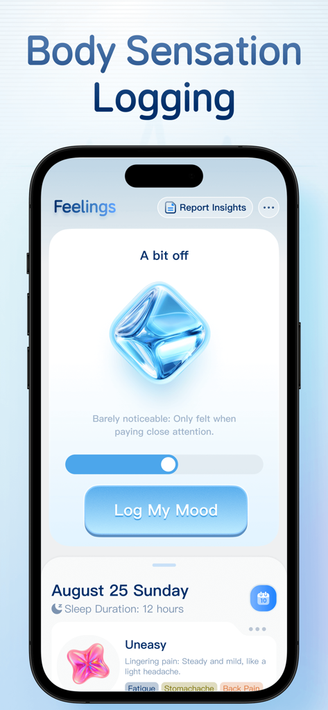 Smartphone screen showing the body sensation logging feature of the AI Heart Monitor app