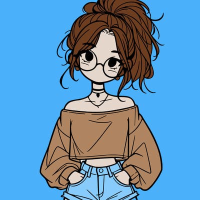 girl with a messy ponytail glasses a baggy crop top and jean shorts