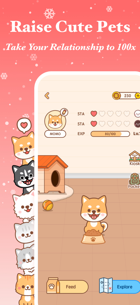 Memories: My Love Days Counter - A screenshot of the virtual pet interface in the Memories app featuring a cute dog named Momo.