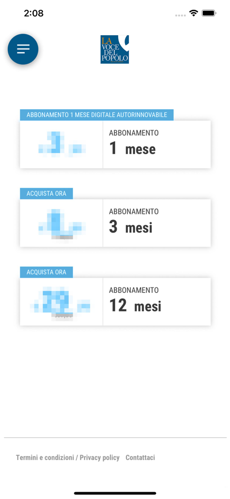 La Voce del Popolo - Schermata di abbonamento dell'app La Voce del Popolo che mostra opzioni di abbonamento digitale per 1 mese, 3 mesi e 12 mesi.
