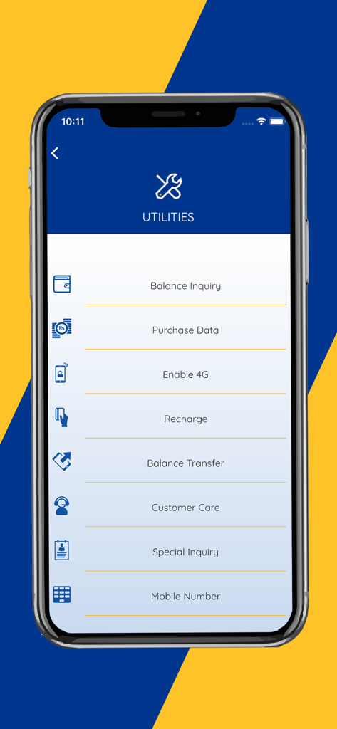 Nepal Telecom - Pantalla de servicios públicos de la aplicación Nepal Telecom que enumera la consulta de saldo y las opciones de recarga