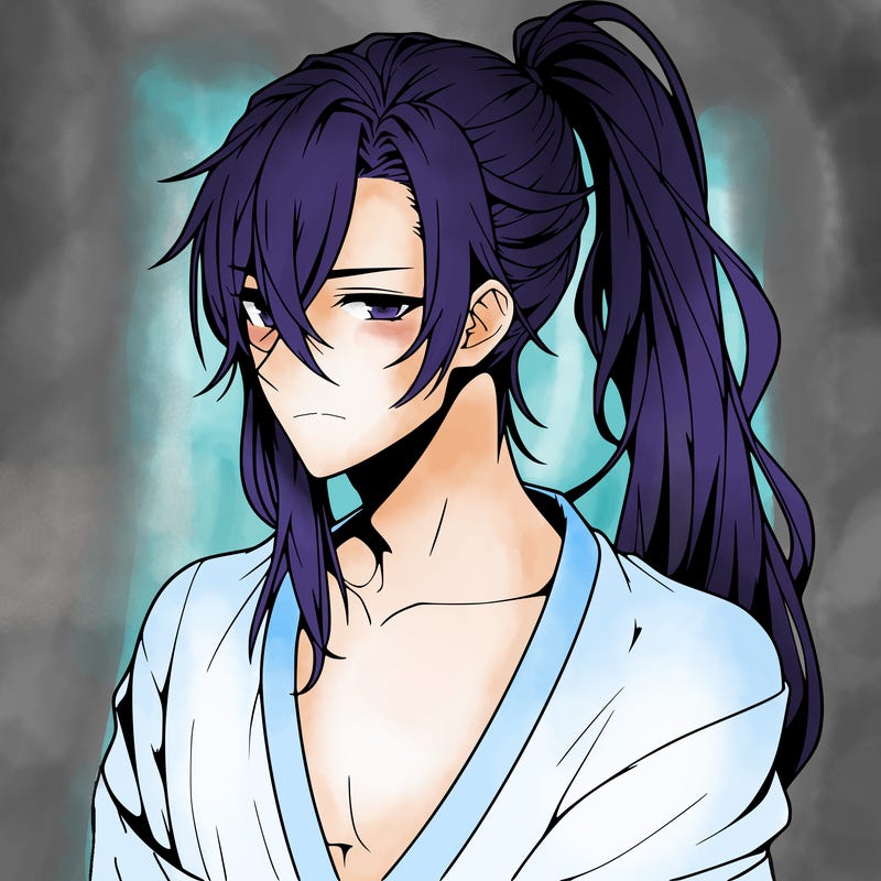 realistic hot anime boy with long ish hair put in a pony tail