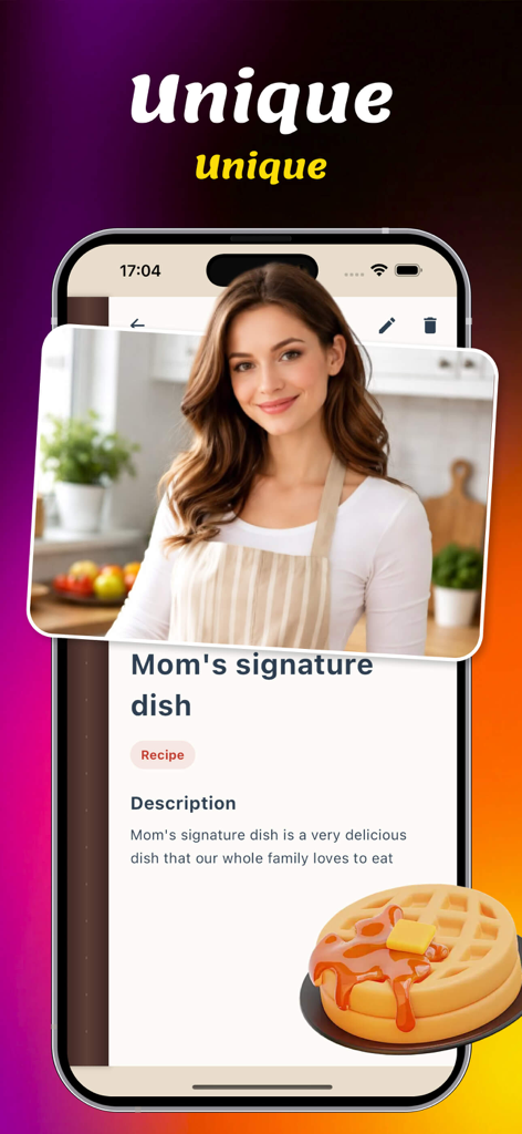 Leon- - Leon app interface showing a personalized recipe for Mom's signature dish with a photo of a home cook.