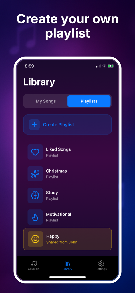 Ai Music Maker - Soneva - Soneva AI music maker library interface showing a collection of custom music playlists