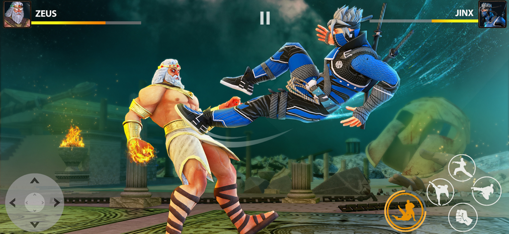 Ninja Games : Shadow Legends - Un ninja realizando una patada voladora contra Zeus en una arena de juegos de lucha de artes marciales.