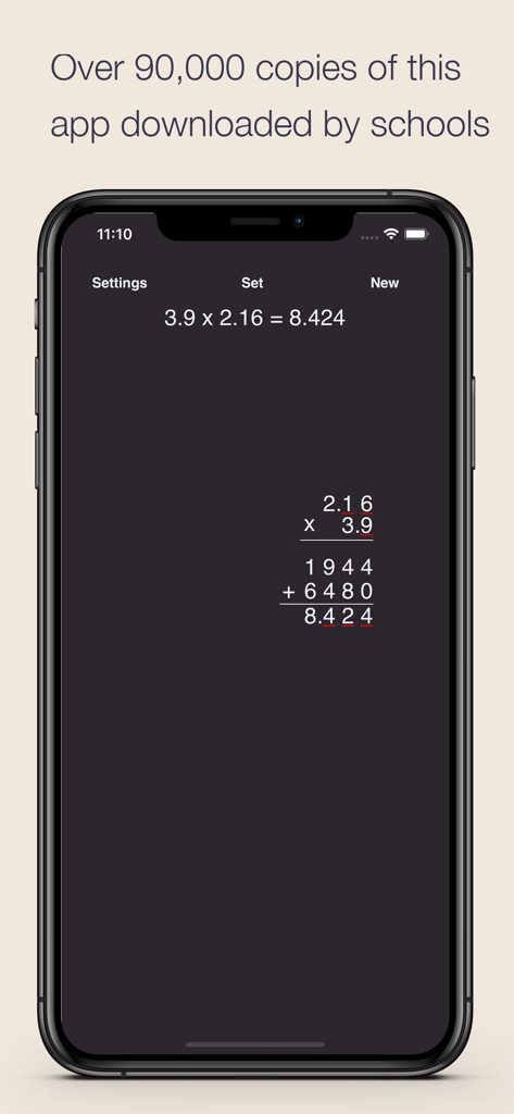 Long Multiplication app interface showing a step by step decimal multiplication calculation