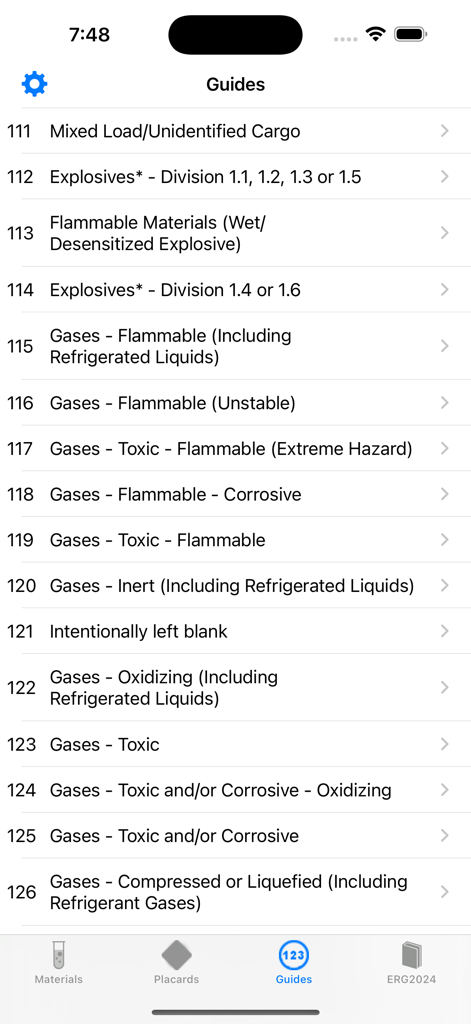 Cargo Decoder Plus - Cargo Decoder Plus app screen showing a list of numbered emergency response guides for hazardous materials and gases