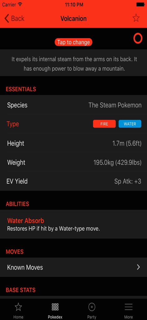 Oak Dex Team Builder Guides - Screenshot of the Oak Dex app displaying Volcanion stats types and abilities