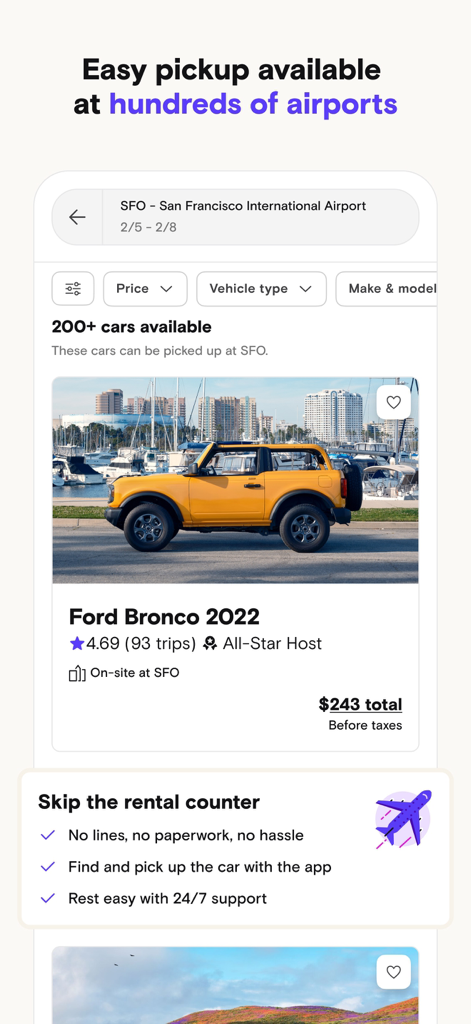 Turo app interface showing a yellow Ford Bronco for rent at San Francisco International Airport with the skip the rental counter feature highlighted.