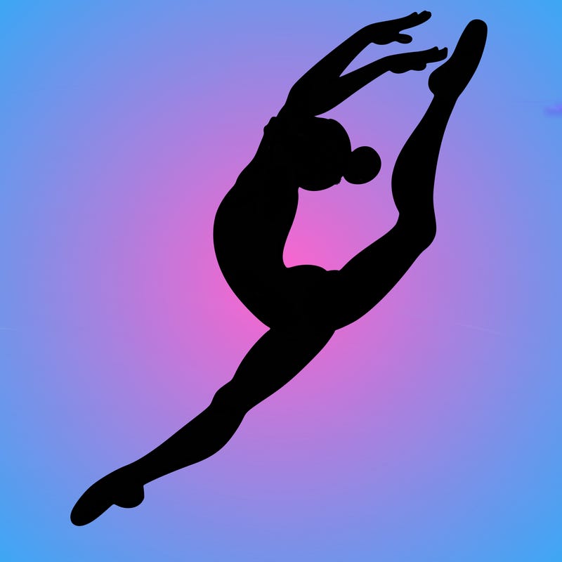 gymnast doing a leap in a leotard with a bent back leg