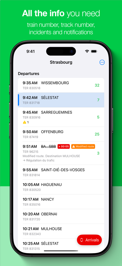 BH-App zeigt Echtzeit-Zugabfahrten und Gleisnummern für den Bahnhof Straßburg an