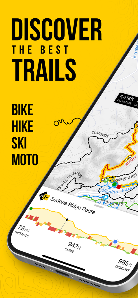 Pantalla de la aplicación Trailforks mostrando un mapa topográfico y un perfil de elevación para un sendero de ciclismo y senderismo.