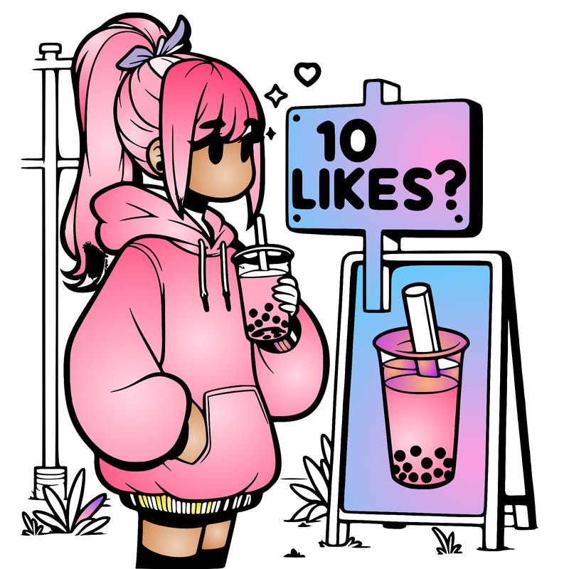 girl with oversized hoodie drinking boba and she has a high ponytail with a sign that says 10likes?