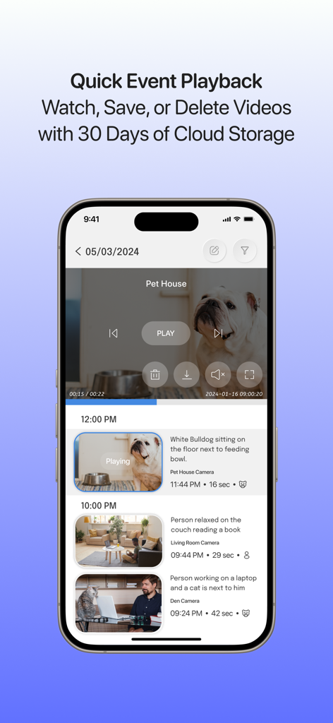 Interface do aplicativo Luna AI mostrando gravações de câmeras de segurança, incluindo uma casinha de cachorro com um buldogue e filmagens do interior de uma casa com opções de armazenamento em nuvem.