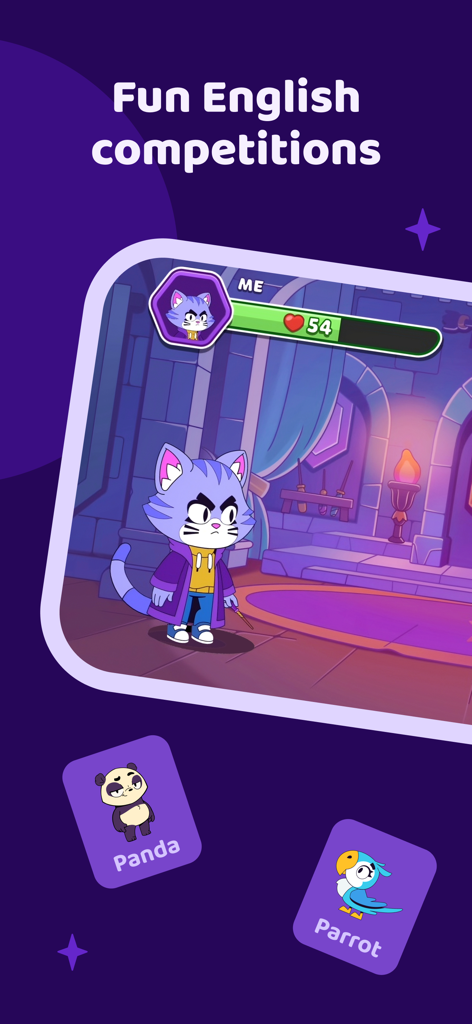 Novakid Champion: Easy English - A wizard cat character in a magic school setting for fun English language competitions in the Novakid Champion app.