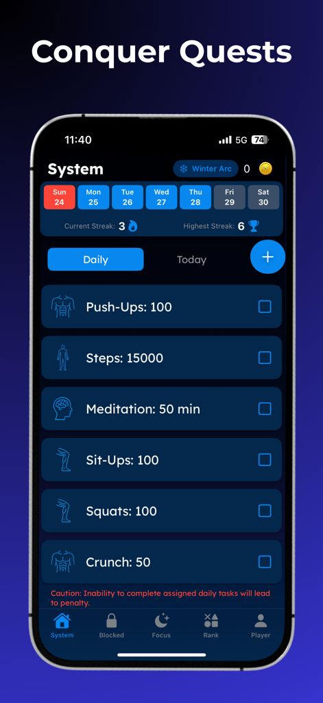 Solo X Player Leveling Workout - Tela de smartphone do aplicativo Solo X Player exibindo missões diárias de fitness e metas de meditação em uma interface de RPG gamificada.