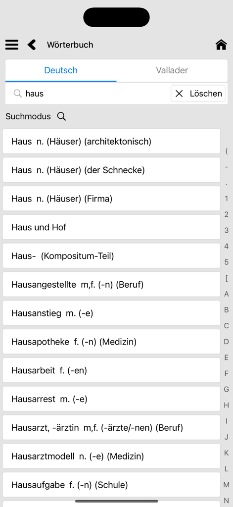Mobile app interface of the Romansh Vallader dictionary showing search results for the German word for house