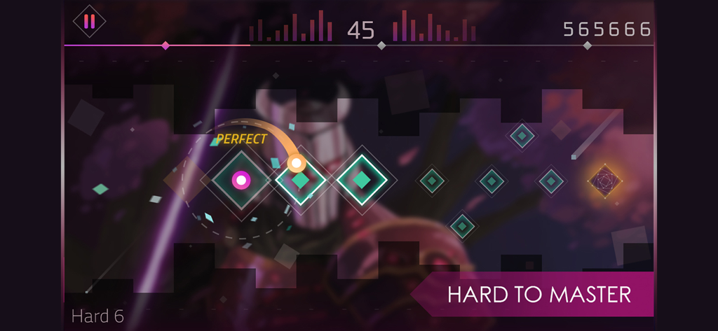 Beat Tiles: Rhythmatic tap - Beat Tilesのゲームプレイ。ネオンタイル上をボールが移動し、パーフェクトヒットのインジケーターが表示されている