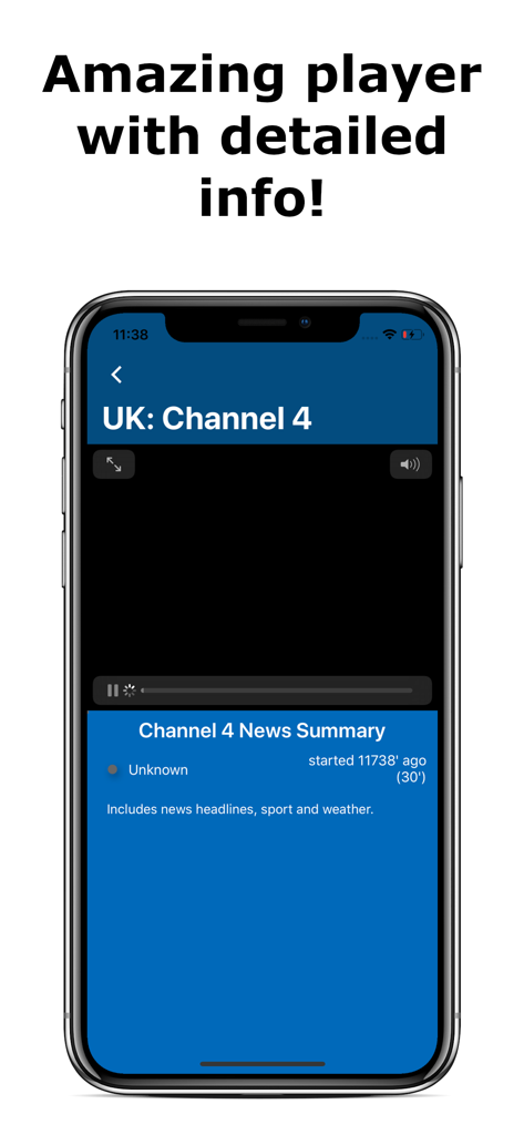 Simple IPTV Playlist app player interface showing detailed channel information on an iPhone